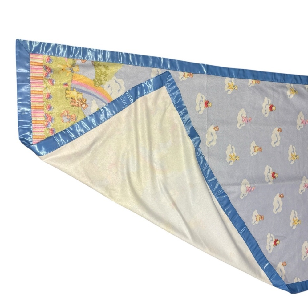 Vintage Rainbow Bear Baby Blanket Quilt Handmade Satin Trim 60x40 Clouds Spring - Picture 5 of 7